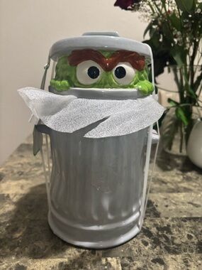 Sesame Street Oscar the Grouch Silver Trash Can Figurine with Green Face